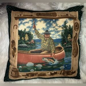 Vintage Fishing Scene Throw Pillow
